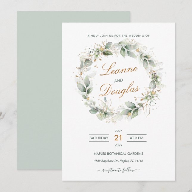 Watercolor green & gold foliage wreath Wedding Invitation (Front/Back)
