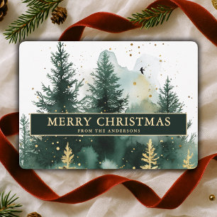 Watercolor Green Gold Forest Christmas Holiday Card