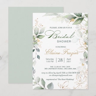 Watercolor green & gold leaves Bridal Shower Invitation