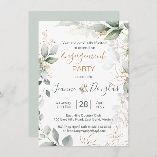 Watercolor green & gold leaves Engagement Party Invitation (Front/Back)
