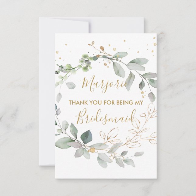 Watercolor green & gold leaves Flat Thank You Card (Front)