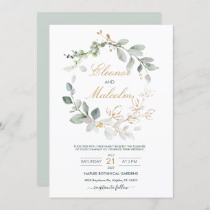 Watercolor green & gold leaves Wedding Invitation