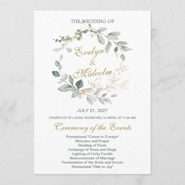 Watercolor green & gold leaves Wedding Program (Front)