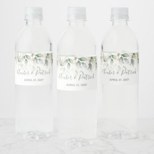 Watercolor green & gold leaves Wedding Water Bottle Label