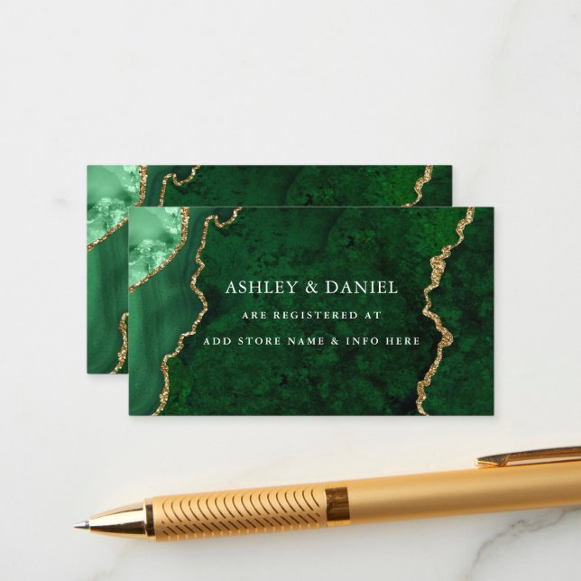 Watercolor Green Gold Marble Agate Geode Wedding Enclosure Card (Front/Back In Situ)