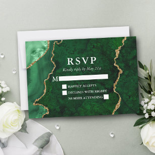 Watercolor Green Gold Marble Agate Geode Wedding RSVP Card