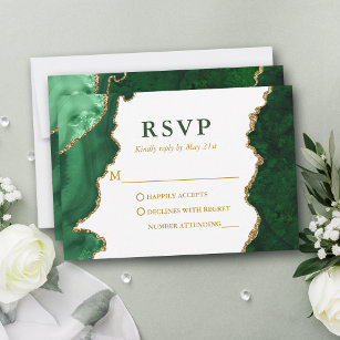 Watercolor Green Gold Marble Geode Agate Wedding RSVP Card
