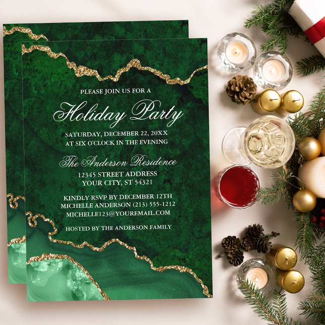 Watercolor Green Gold Marble Geode Holiday Party Invitation (Customize to change text size or text style.)