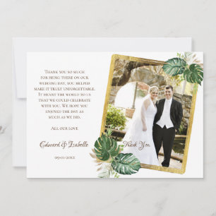 Watercolor Green & Gold Monstera Leaves Wedding Thank You Card