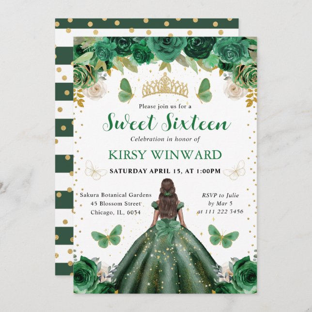 Watercolor Green & Gold Princess Sweet 16 Invitation (Front/Back)
