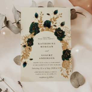 watercolor green gold roses Wedding  Invitation