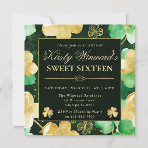 Watercolor Green & Gold Shamrock Sweet 16 Invitation
