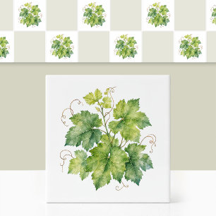 Watercolor Green Grape Leaves Ivy Foliage Pattern Ceramic Tile