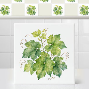 Watercolor Green Grape Leaves Ivy Foliage Pattern Ceramic Tile