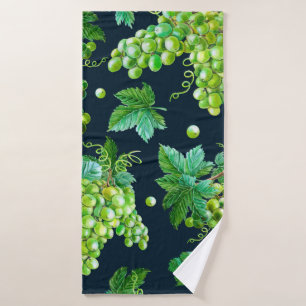 Watercolor green grape, leaves on dark background. bath towel