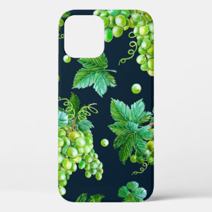 Watercolor green grape, leaves on dark background. iPhone 12 case