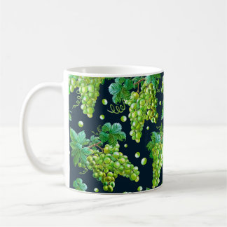 Watercolor green grape, leaves on dark background. coffee mug