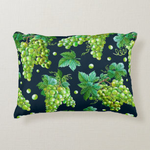 Watercolor green grape, leaves on dark background. decorative cushion