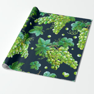 Watercolor green grape, leaves on dark background. wrapping paper