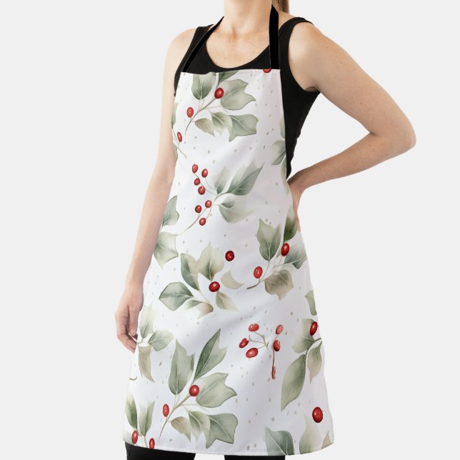 Watercolor Green Holly and Red Berries Apron (Insitu)