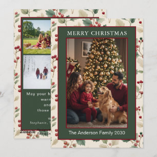 Watercolor Green Holly Berry 5 Photo Holiday Card