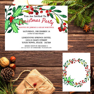 Watercolor Green Holly Red Berries Christmas Party Invitation