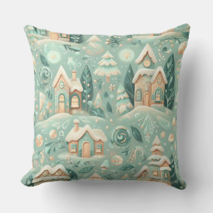 Watercolor Green Houses Christmas Motifs Holiday Cushion