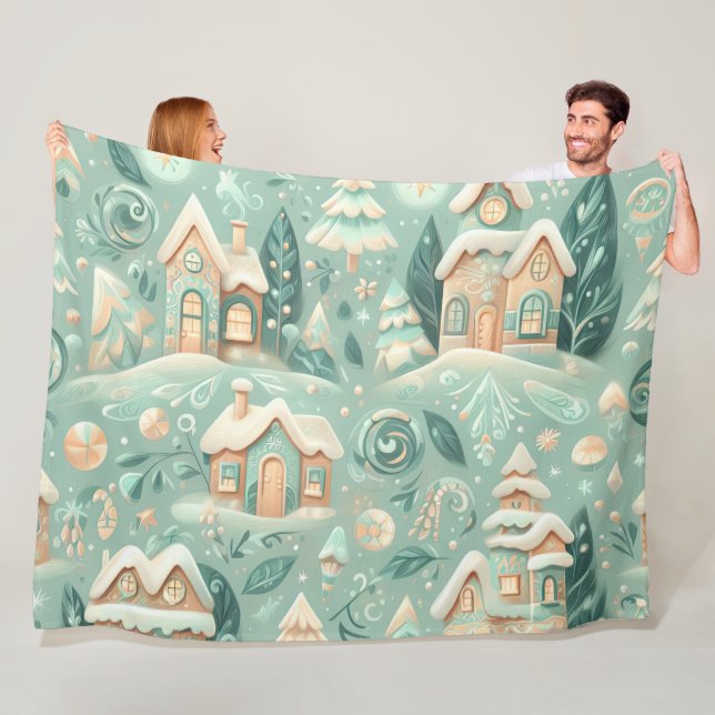 Watercolor Green Houses Christmas Motifs Holiday Fleece Blanket (In Situ)