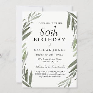 Watercolor Green Leaf 80th Birthday Invitation