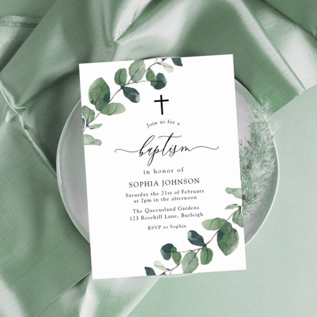 Watercolor Green Leaf Baptism Cross Invitation (Creator Uploaded)