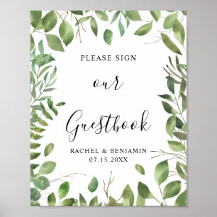 Watercolor Green Leaf Border Sign Guestbook Chic