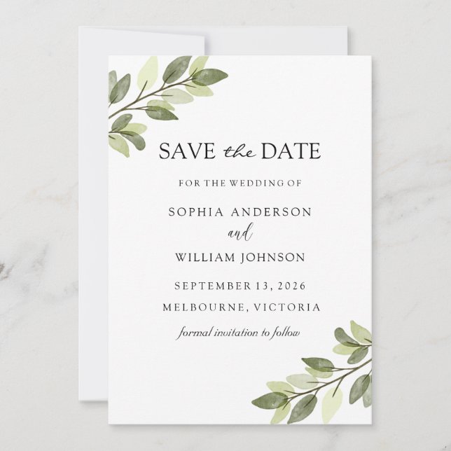 Watercolor Green Leaf Elegant Wedding Save The Date (Front)