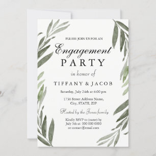 Watercolor Green Leaf Engagement Party Invitation