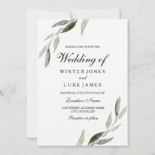 Watercolor Green Leaf Modern Matte Wedding Invitation