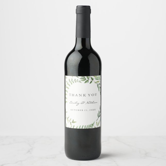 Watercolor Green Leaf Thank You Wedding Wine Label (Front)