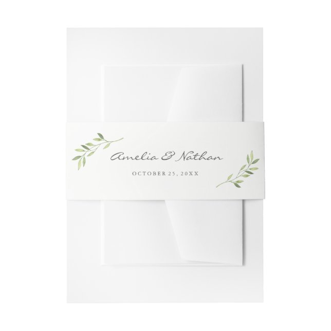 Watercolor Green Leaf Wedding Belly Band Invitation Belly Band (Front Example)