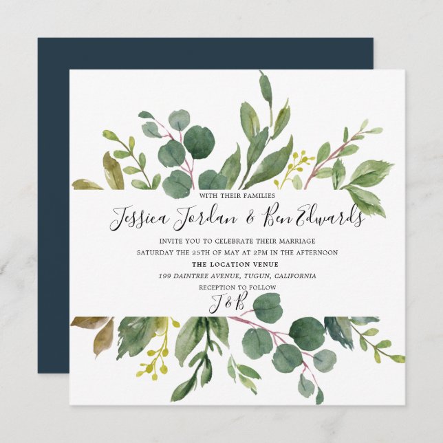 Watercolor Green Leaf Wedding Invitation (Front/Back)