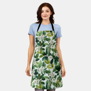 Watercolor Green Leaf White Floral Pattern Apron