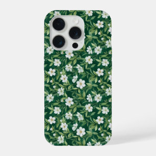 Watercolor Green Leaf White Floral Pattern iPhone 15 Pro Case