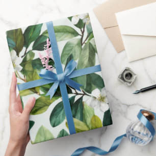 Watercolor Green Leaf White Floral Pattern Wrapping Paper