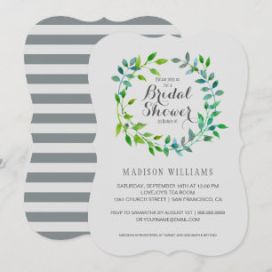 Watercolor Green Leaf Wreath   Bridal Shower Invitation