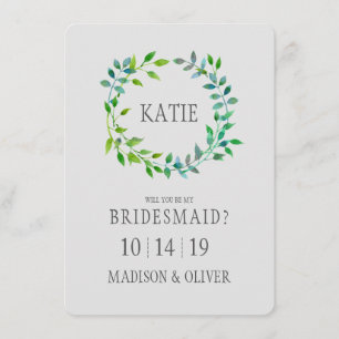 Watercolor Green Leaf Wreath   Bridesmaid Invitation