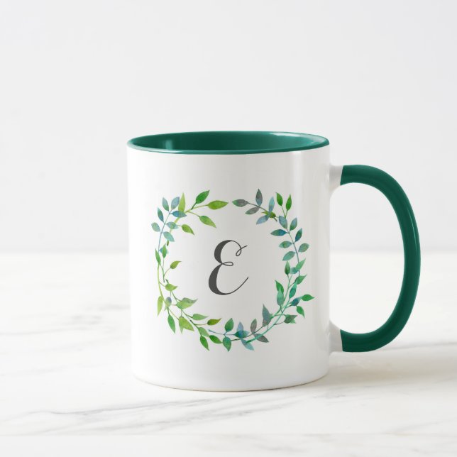 Watercolor Green Leaf Wreath | Monogram Mug (Right)
