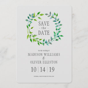 Watercolor Green Leaf Wreath   Save the Date