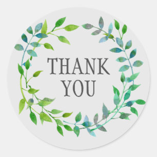 Watercolor Green Leaf Wreath   Thank You Classic Round Sticker