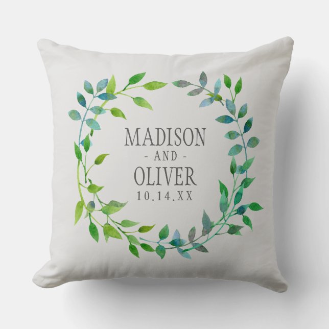 Watercolor Green Leaf Wreath | Wedding Cushion (Front)