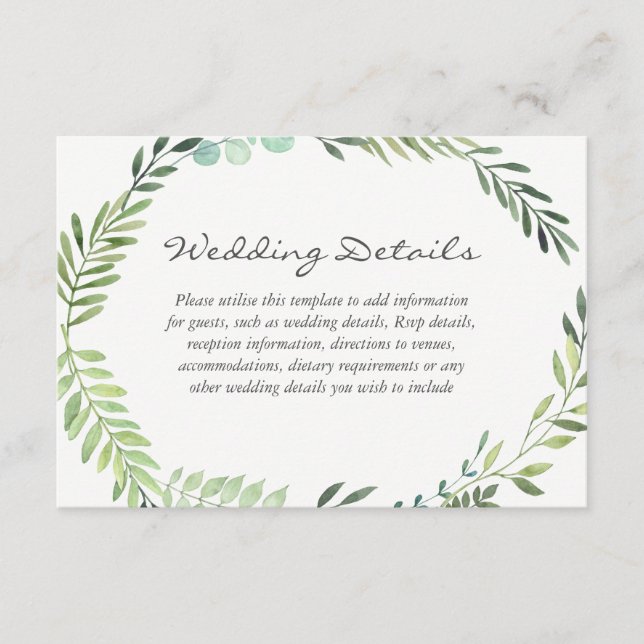 Watercolor Green Leaf Wreath Wedding Details Enclosure Card (Front)