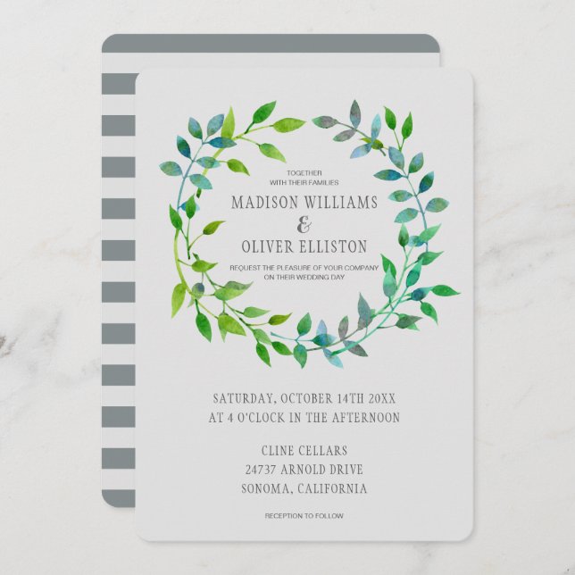 Watercolor Green Leaf Wreath | Wedding Invitation (Front/Back)