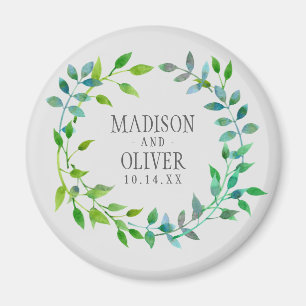 Watercolor Green Leaf Wreath Wedding Magnet