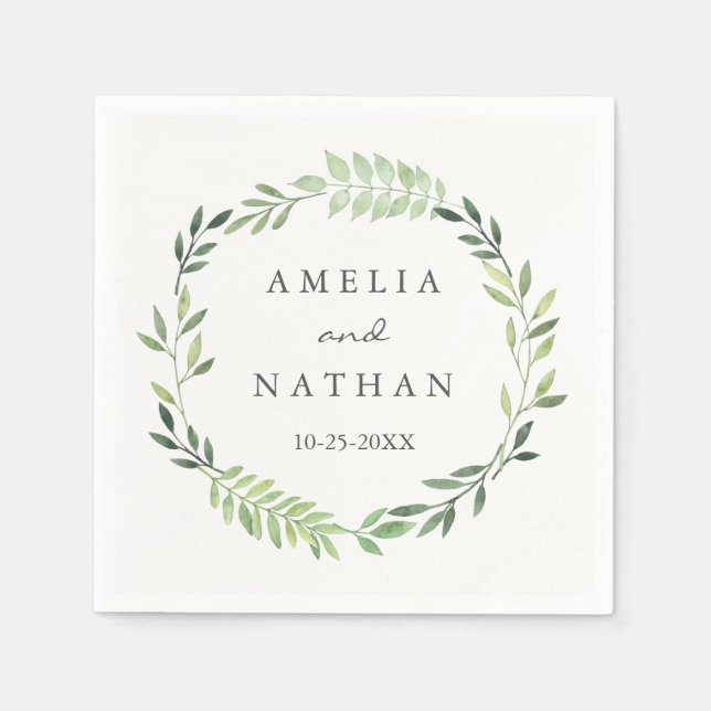 Watercolor Green Leaf Wreath Wedding Napkin (Front)